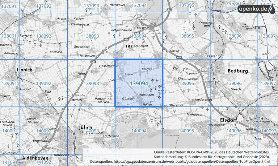 Übersichtskarte des KOSTRA-DWD-2020-Rasterfeldes Nr. 139094