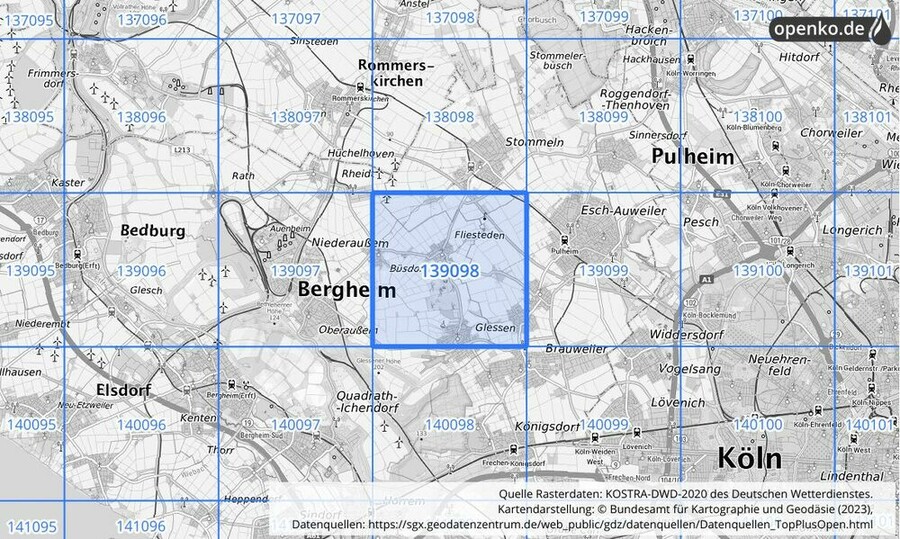 Übersichtskarte des KOSTRA-DWD-2020-Rasterfeldes Nr. 139098