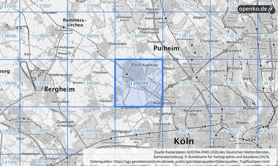 Übersichtskarte des KOSTRA-DWD-2020-Rasterfeldes Nr. 139099