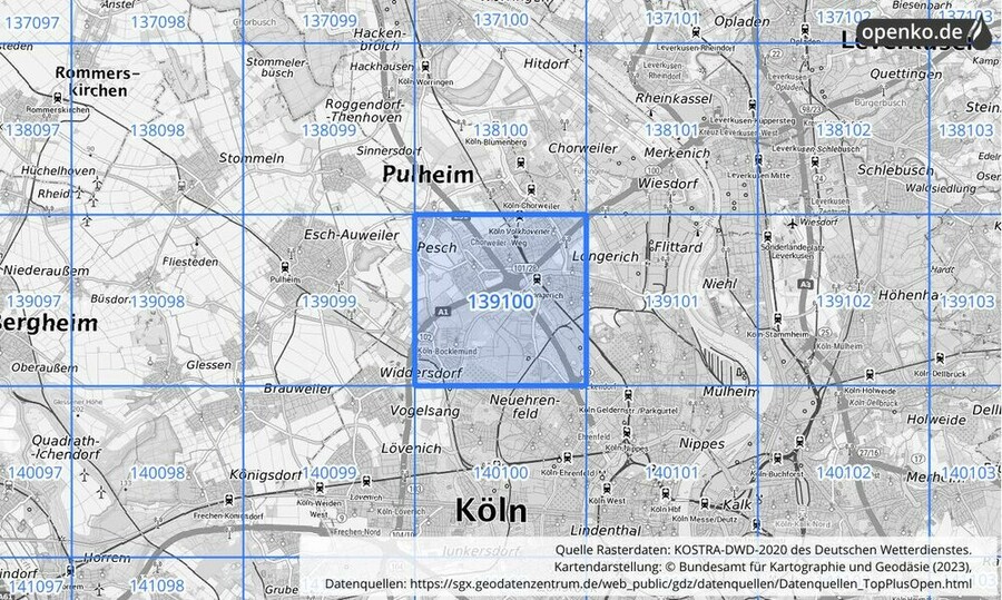 Übersichtskarte des KOSTRA-DWD-2020-Rasterfeldes Nr. 139100