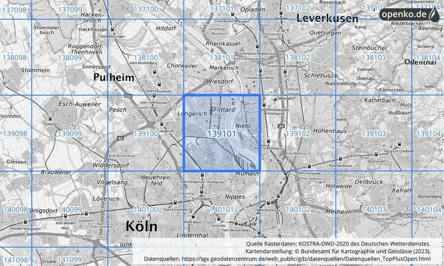 Übersichtskarte des KOSTRA-DWD-2020-Rasterfeldes Nr. 139101