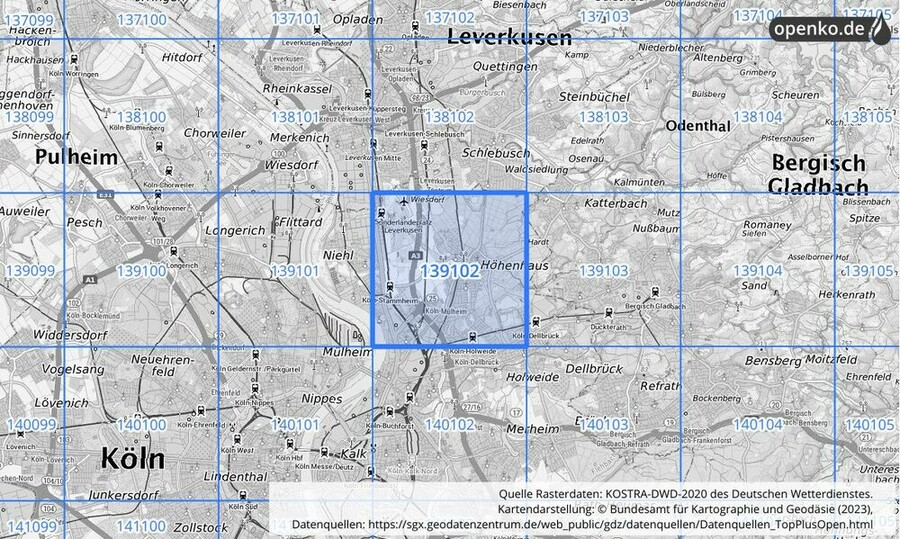 Übersichtskarte des KOSTRA-DWD-2020-Rasterfeldes Nr. 139102