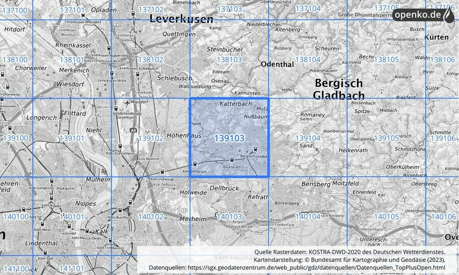 Übersichtskarte des KOSTRA-DWD-2020-Rasterfeldes Nr. 139103