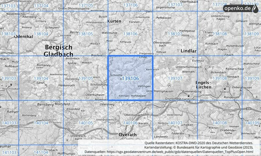 Übersichtskarte des KOSTRA-DWD-2020-Rasterfeldes Nr. 139106