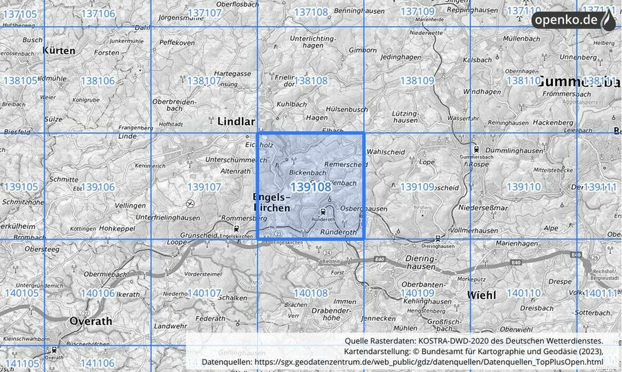 Übersichtskarte des KOSTRA-DWD-2020-Rasterfeldes Nr. 139108