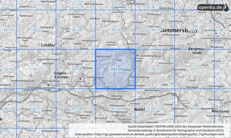 Übersichtskarte des KOSTRA-DWD-2020-Rasterfeldes Nr. 139109