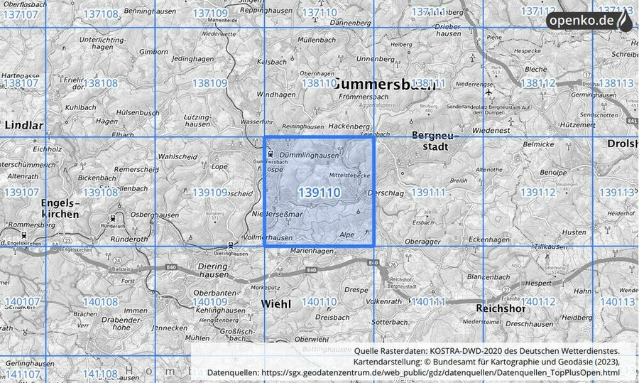 Übersichtskarte des KOSTRA-DWD-2020-Rasterfeldes Nr. 139110