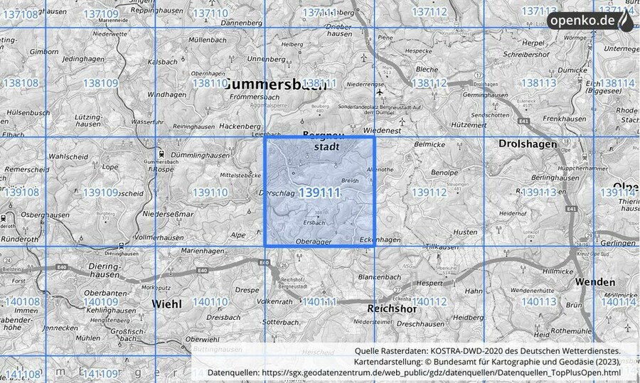 Übersichtskarte des KOSTRA-DWD-2020-Rasterfeldes Nr. 139111