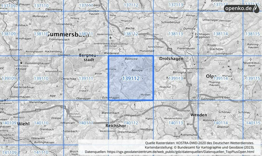 Übersichtskarte des KOSTRA-DWD-2020-Rasterfeldes Nr. 139112