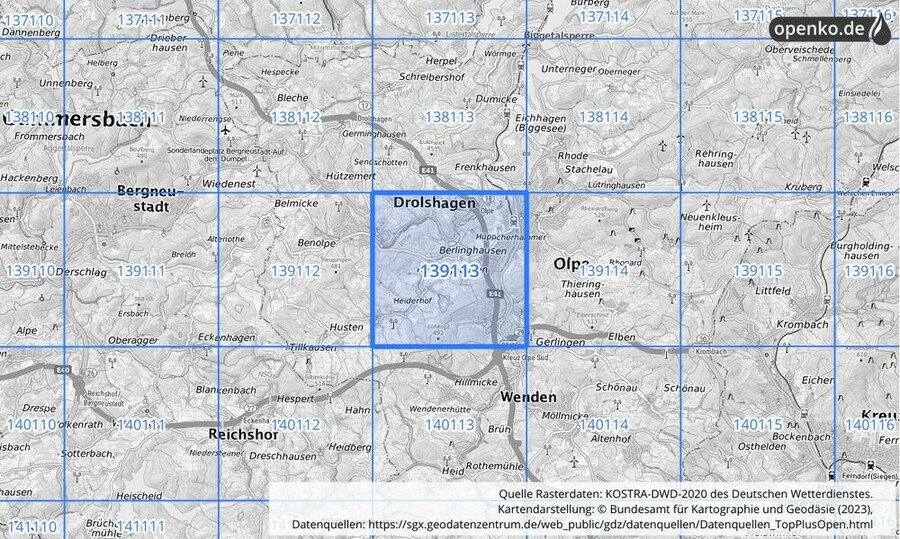 Übersichtskarte des KOSTRA-DWD-2020-Rasterfeldes Nr. 139113