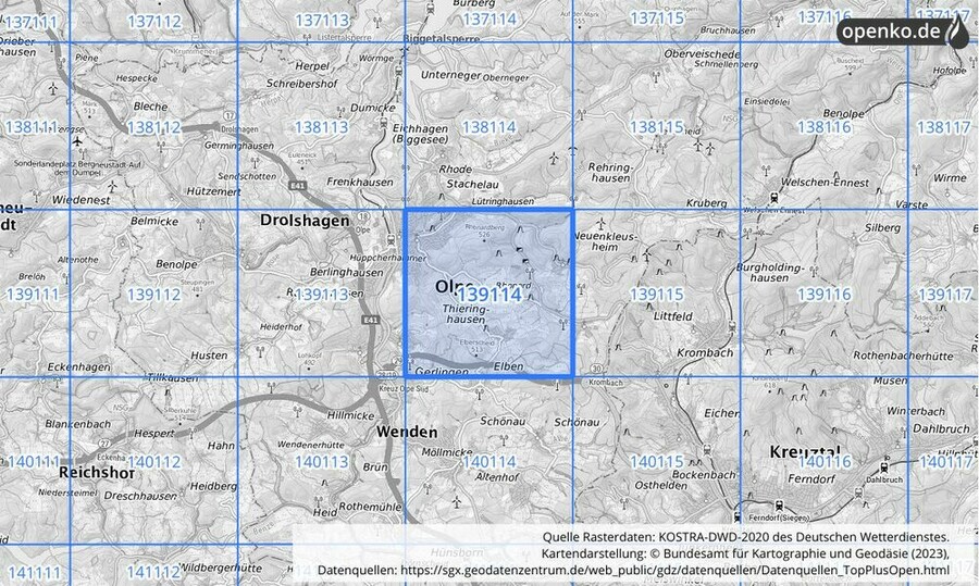 Übersichtskarte des KOSTRA-DWD-2020-Rasterfeldes Nr. 139114