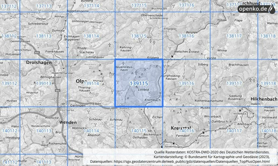 Übersichtskarte des KOSTRA-DWD-2020-Rasterfeldes Nr. 139115