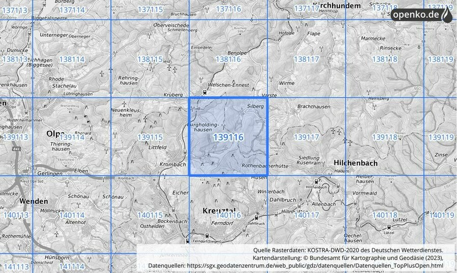 Übersichtskarte des KOSTRA-DWD-2020-Rasterfeldes Nr. 139116