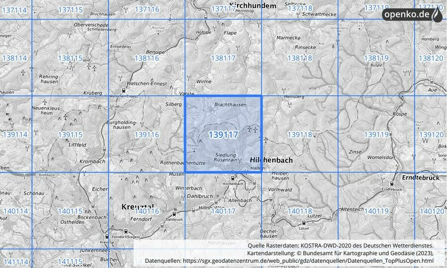 Übersichtskarte des KOSTRA-DWD-2020-Rasterfeldes Nr. 139117