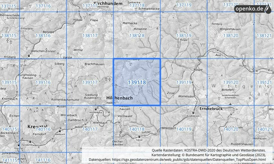 Übersichtskarte des KOSTRA-DWD-2020-Rasterfeldes Nr. 139118