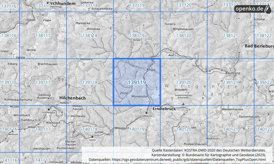 Übersichtskarte des KOSTRA-DWD-2020-Rasterfeldes Nr. 139119