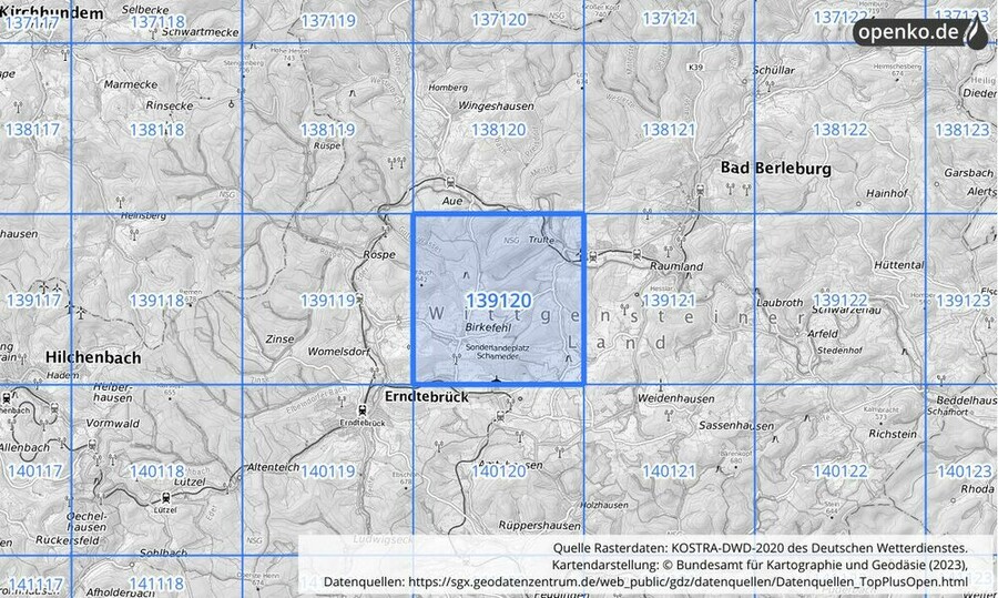 Übersichtskarte des KOSTRA-DWD-2020-Rasterfeldes Nr. 139120