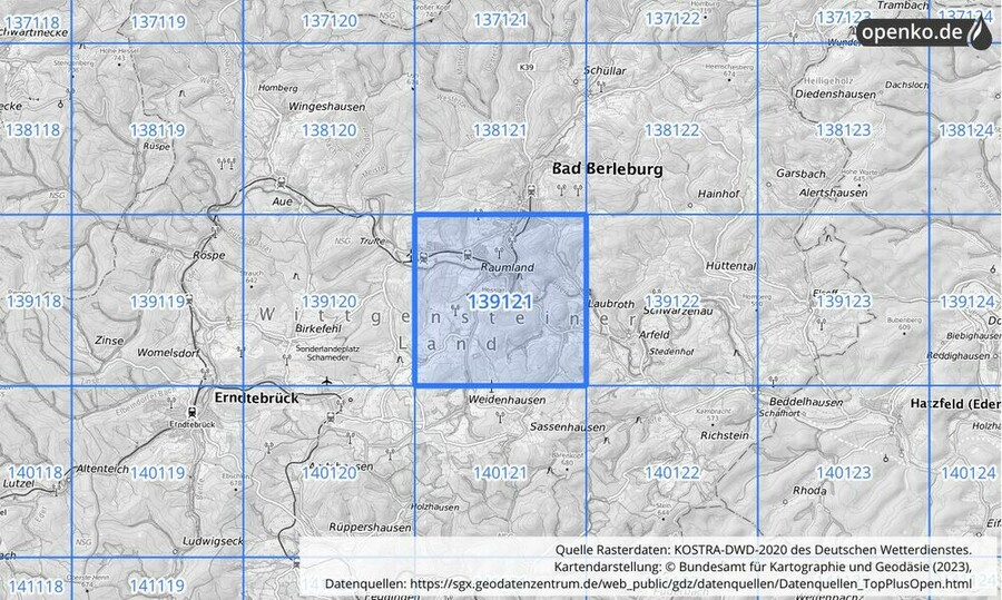 Übersichtskarte des KOSTRA-DWD-2020-Rasterfeldes Nr. 139121