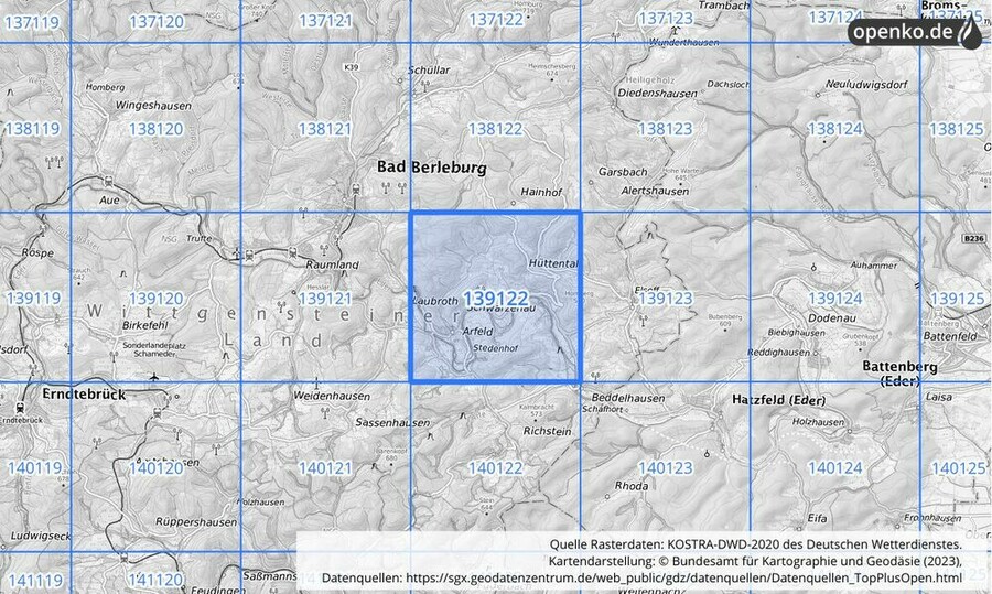 Übersichtskarte des KOSTRA-DWD-2020-Rasterfeldes Nr. 139122