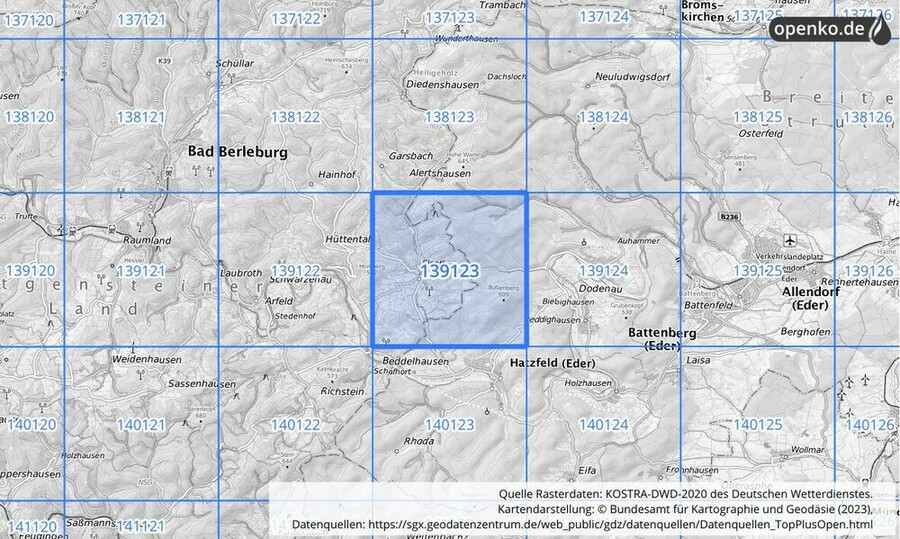 Übersichtskarte des KOSTRA-DWD-2020-Rasterfeldes Nr. 139123