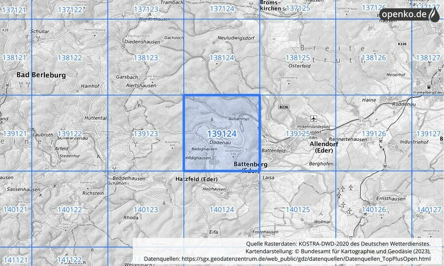 Übersichtskarte des KOSTRA-DWD-2020-Rasterfeldes Nr. 139124