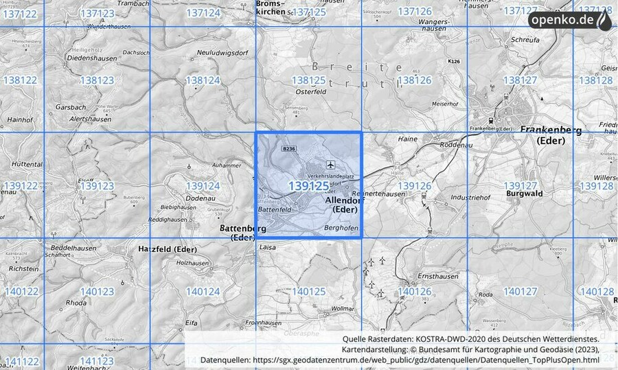 Übersichtskarte des KOSTRA-DWD-2020-Rasterfeldes Nr. 139125