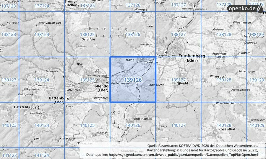 Übersichtskarte des KOSTRA-DWD-2020-Rasterfeldes Nr. 139126