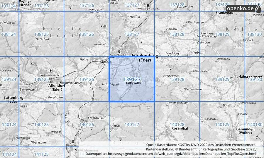 Übersichtskarte des KOSTRA-DWD-2020-Rasterfeldes Nr. 139127