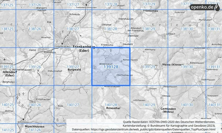 Übersichtskarte des KOSTRA-DWD-2020-Rasterfeldes Nr. 139128