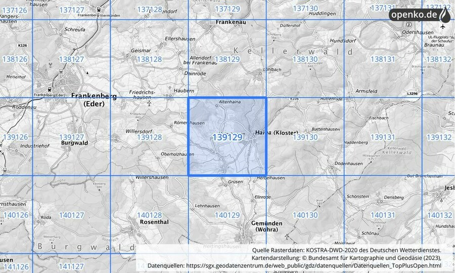 Übersichtskarte des KOSTRA-DWD-2020-Rasterfeldes Nr. 139129