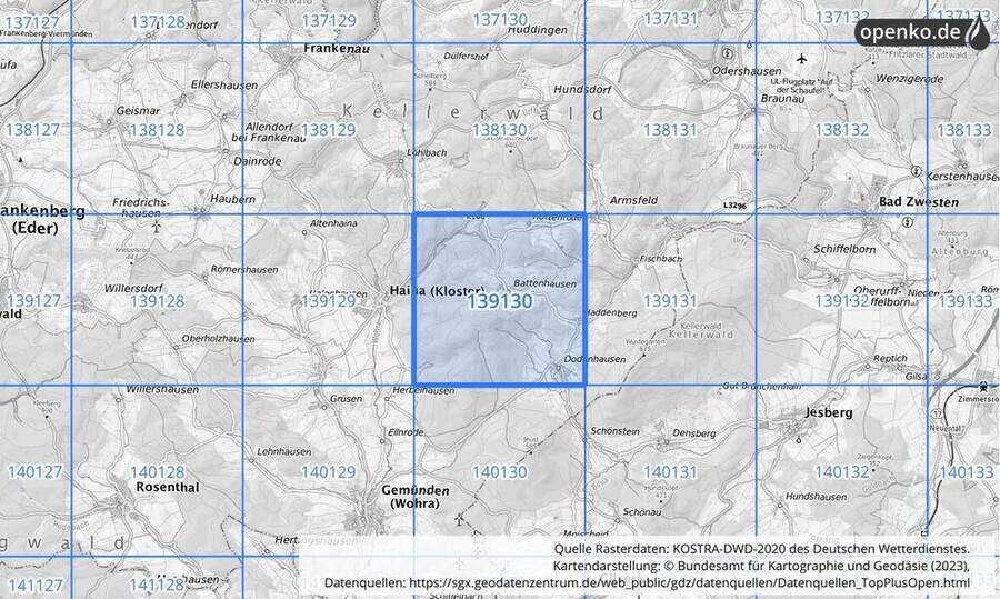 Übersichtskarte des KOSTRA-DWD-2020-Rasterfeldes Nr. 139130