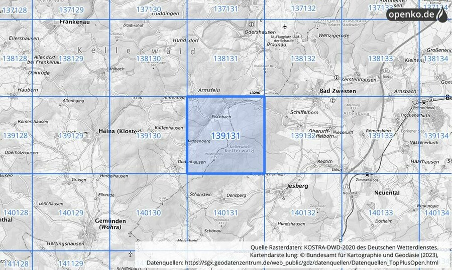 Übersichtskarte des KOSTRA-DWD-2020-Rasterfeldes Nr. 139131