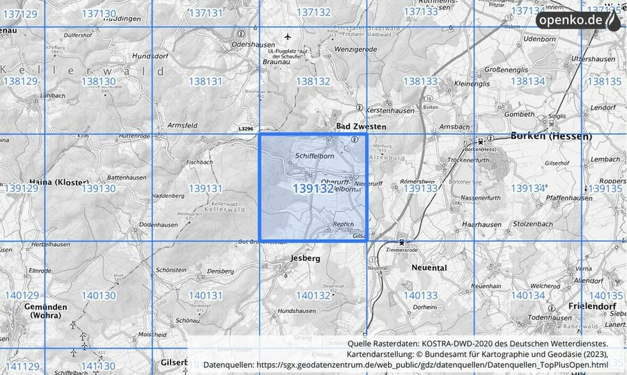 Übersichtskarte des KOSTRA-DWD-2020-Rasterfeldes Nr. 139132