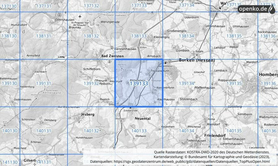 Übersichtskarte des KOSTRA-DWD-2020-Rasterfeldes Nr. 139133