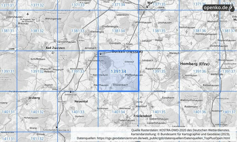 Übersichtskarte des KOSTRA-DWD-2020-Rasterfeldes Nr. 139134