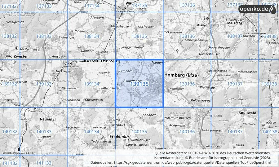 Übersichtskarte des KOSTRA-DWD-2020-Rasterfeldes Nr. 139135