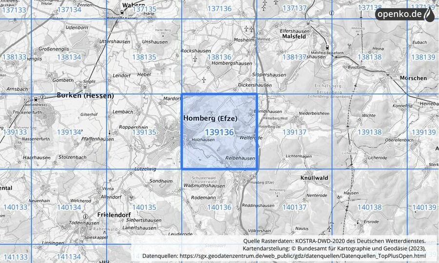 Übersichtskarte des KOSTRA-DWD-2020-Rasterfeldes Nr. 139136