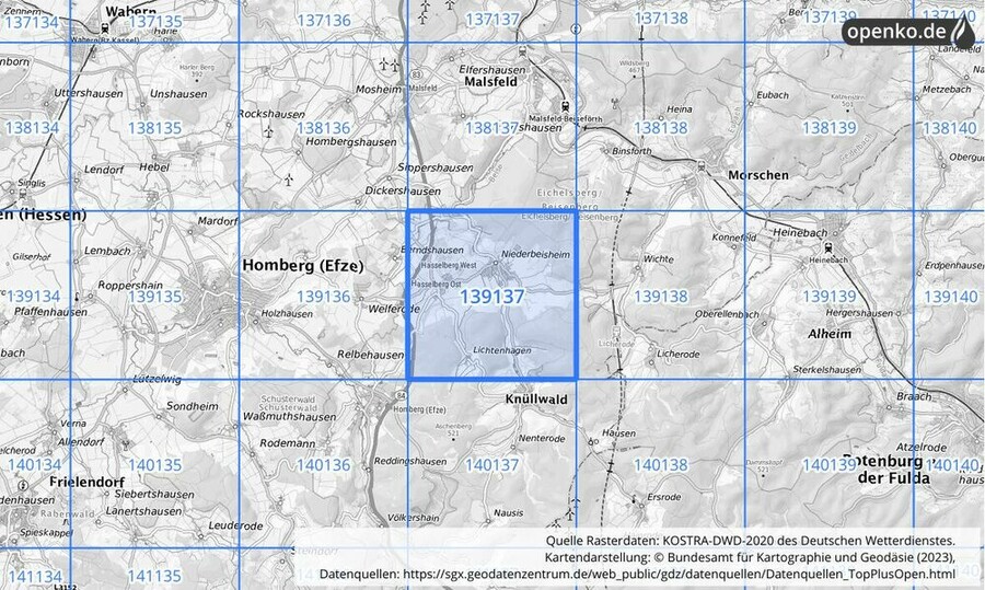 Übersichtskarte des KOSTRA-DWD-2020-Rasterfeldes Nr. 139137