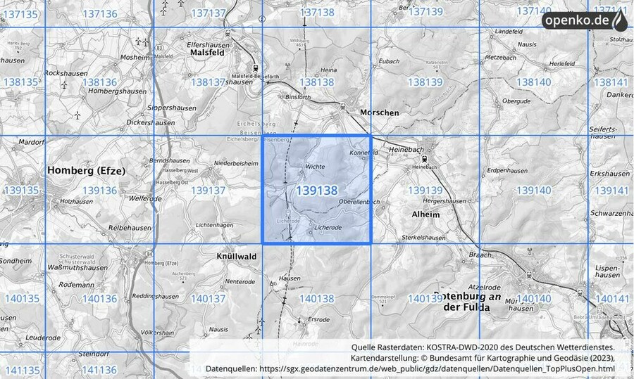 Übersichtskarte des KOSTRA-DWD-2020-Rasterfeldes Nr. 139138