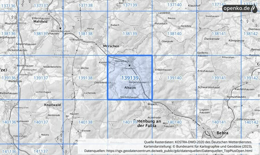 Übersichtskarte des KOSTRA-DWD-2020-Rasterfeldes Nr. 139139