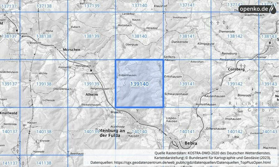 Übersichtskarte des KOSTRA-DWD-2020-Rasterfeldes Nr. 139140