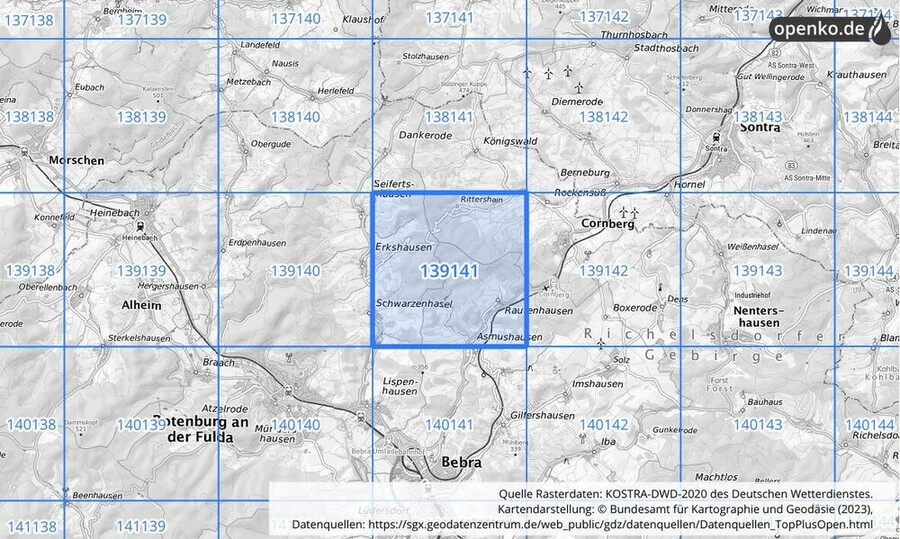 Übersichtskarte des KOSTRA-DWD-2020-Rasterfeldes Nr. 139141