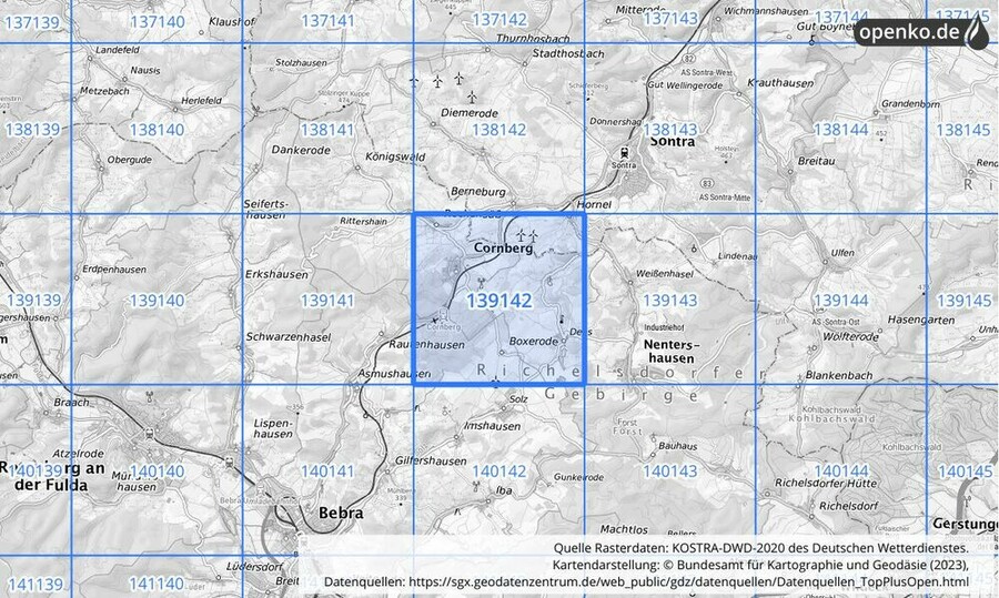 Übersichtskarte des KOSTRA-DWD-2020-Rasterfeldes Nr. 139142