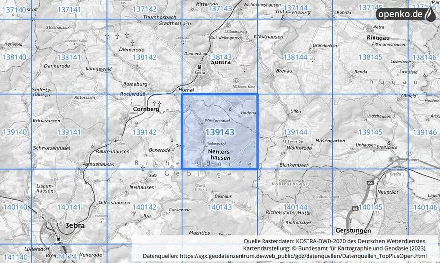 Übersichtskarte des KOSTRA-DWD-2020-Rasterfeldes Nr. 139143