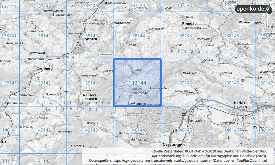 Übersichtskarte des KOSTRA-DWD-2020-Rasterfeldes Nr. 139144