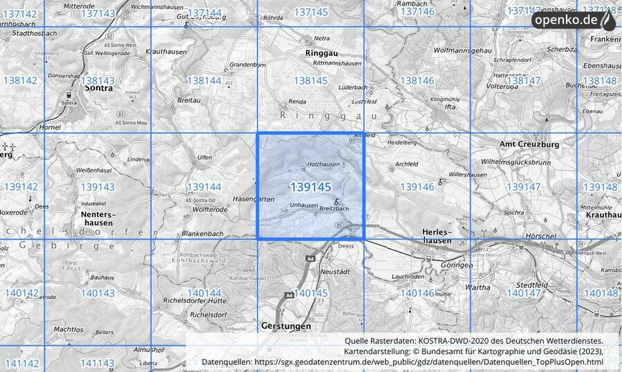 Übersichtskarte des KOSTRA-DWD-2020-Rasterfeldes Nr. 139145