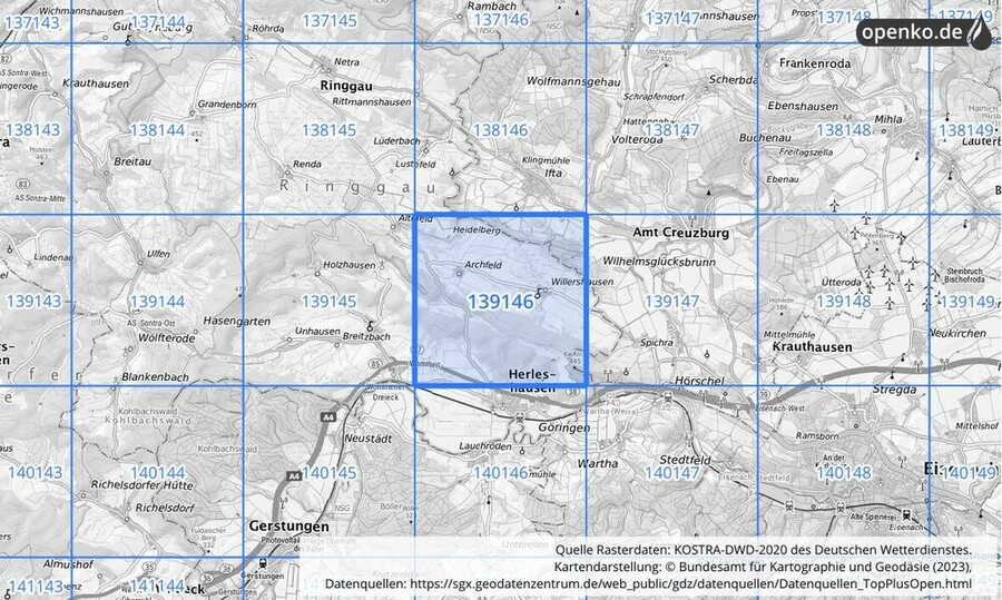 Übersichtskarte des KOSTRA-DWD-2020-Rasterfeldes Nr. 139146