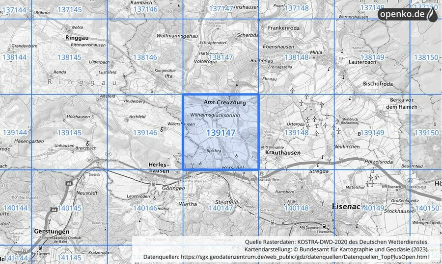 Übersichtskarte des KOSTRA-DWD-2020-Rasterfeldes Nr. 139147