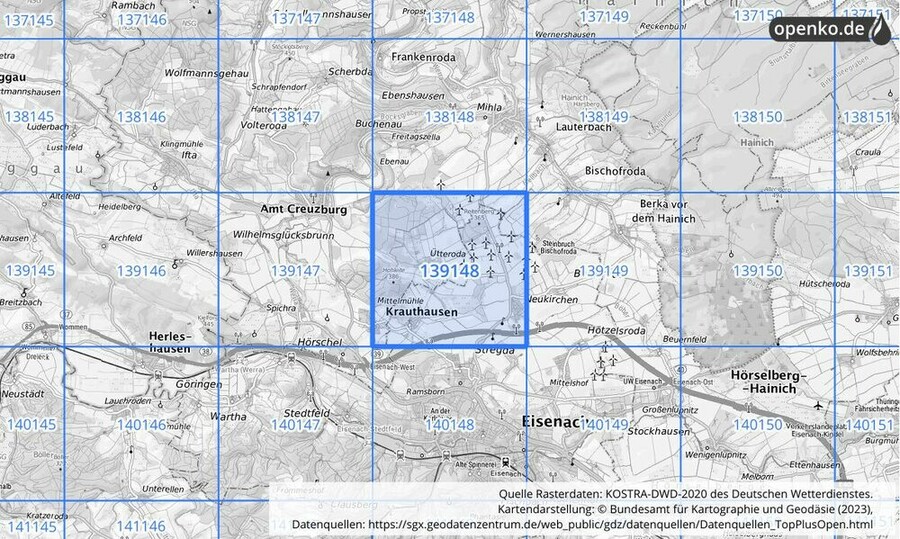 Übersichtskarte des KOSTRA-DWD-2020-Rasterfeldes Nr. 139148