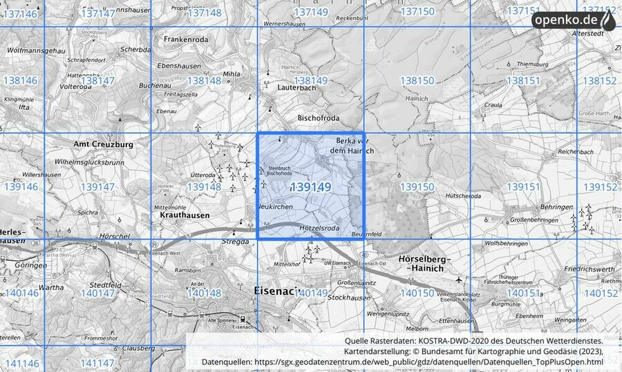 Übersichtskarte des KOSTRA-DWD-2020-Rasterfeldes Nr. 139149